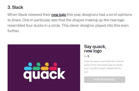 Screenshot of a Slack logo parody article showing the logo shapes as ducks with the word quack.