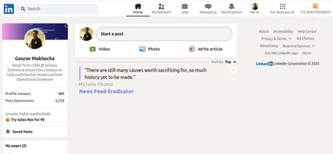 LinkedIn home feed replaced by a Michelle Obama quote from the News Feed Eradicator extension; profile stats at left.