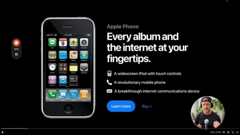 Concept landing page for the original iPhone beside its home screen, with a man presenting in a circular video overlay.