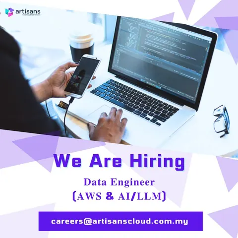 Artisans hiring poster for a Data Engineer role with AWS and AI/LLM skills, over a photo of a laptop and smartphone.