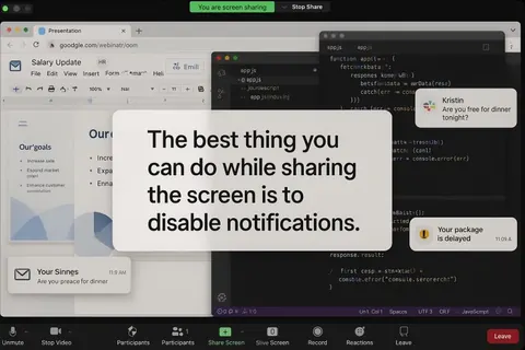 Screen-share view with pop-up notifications over a presentation and code editor, with a tip to disable notifications.