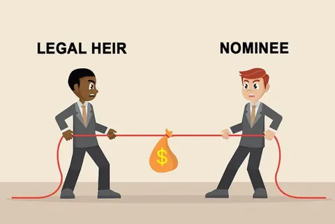Cartoon businessmen labelled legal heir and nominee in a tug of war over a bag of money