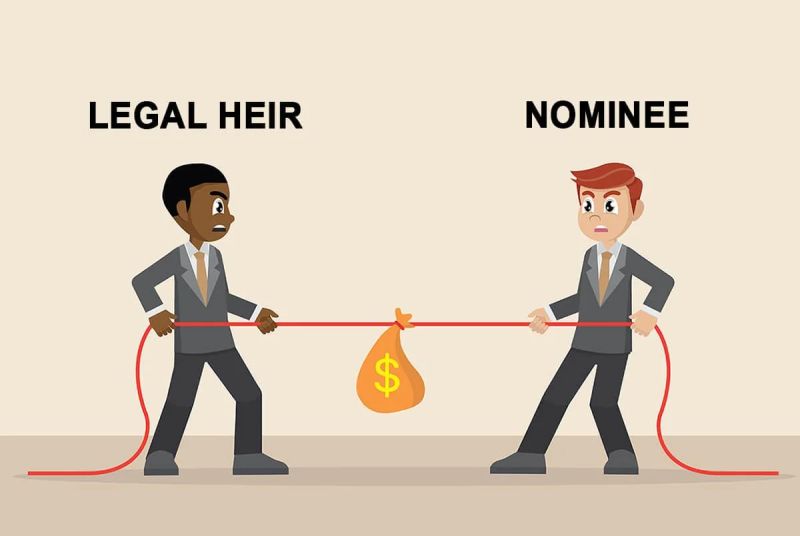 Cartoon businessmen labelled legal heir and nominee in a tug of war over a bag of money