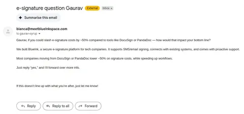 Screenshot of a spam e-signature sales email from bianca@meetblueinkspace.com addressed to gaurav+syrup.