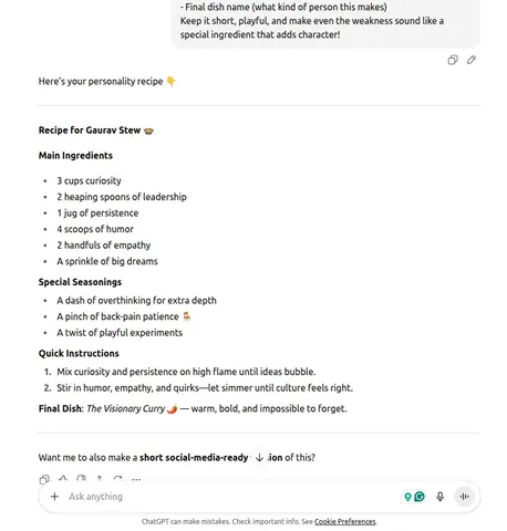 ChatGPT screenshot of a playful personality recipe titled Recipe for Gaurav Stew, with quirky ingredients and cooking steps.