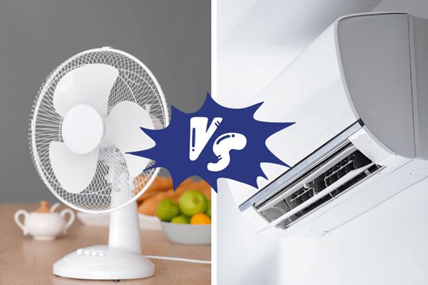 A white table fan and a wall-mounted split air conditioner face off across a blue VS badge.