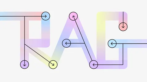 Letters spelling RAG in soft pastel gradients, overlaid with black arrows and circles tracing paths through them.