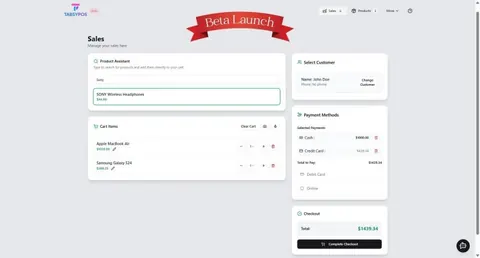 TabsyPOS beta sales screen with a product assistant, a cart of electronics and cash and credit card payment totals.