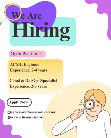 Hiring poster announcing open roles for an AI/ML engineer and a cloud and DevOps specialist with an apply-now email.