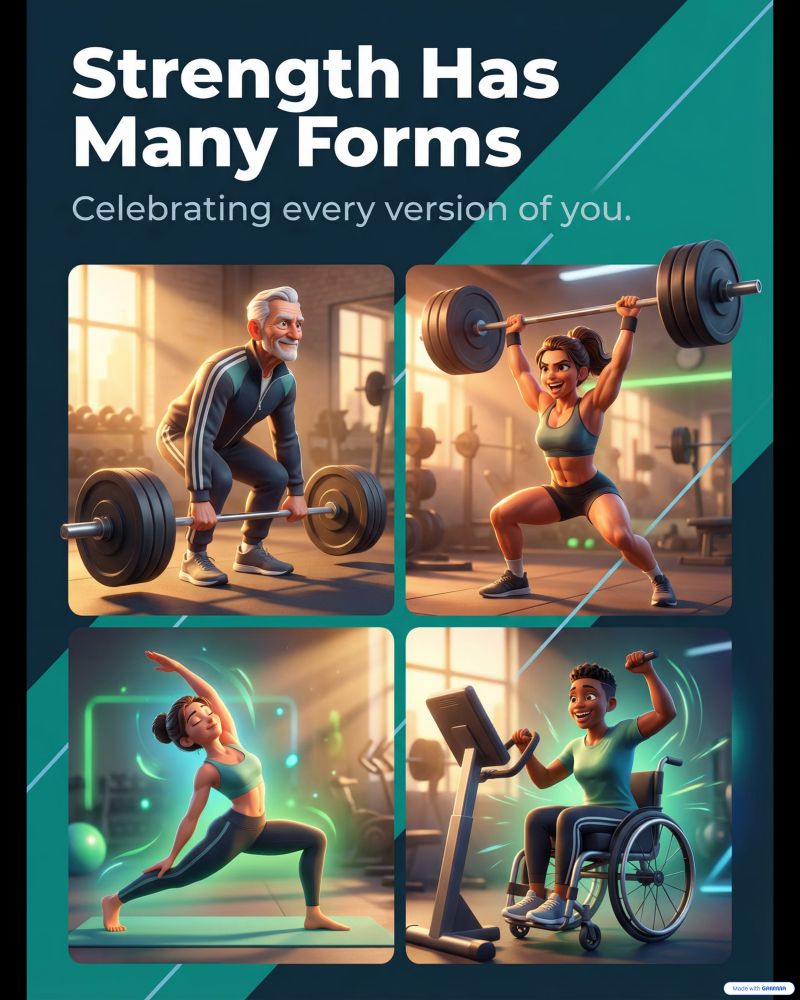 Poster art of an older man deadlifting, a woman lifting a barbell, a woman stretching, and a wheelchair user working out.