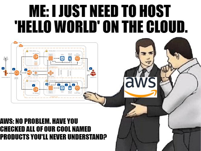 Meme of two men, one pointing at a complex AWS architecture diagram, joking about hosting Hello World on the cloud.