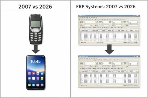 Split graphic comparing 2007 and 2026: a feature phone versus a modern smartphone, while two ERP screens look unchanged.