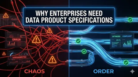 Split graphic contrasting tangled red chaos with error alerts against orderly blue pipes with green checkmarks.