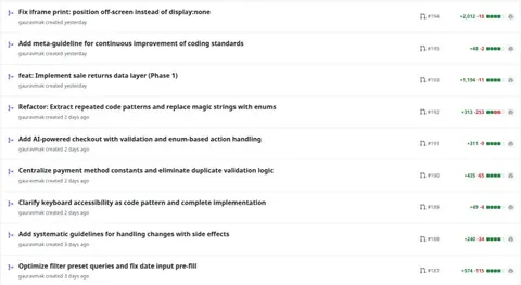 GitHub pull requests list showing nine open pull requests with titles, numbers and line change counts by gauravmak.