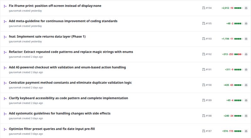 GitHub pull requests list showing nine open pull requests with titles, numbers and line change counts by gauravmak.