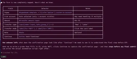Terminal screenshot showing an AI agent's table mapping form fields for a bank transfer page.