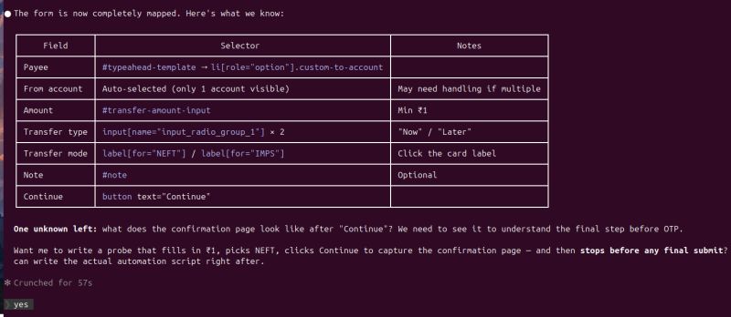 Terminal screenshot showing an AI agent's table mapping form fields for a bank transfer page.