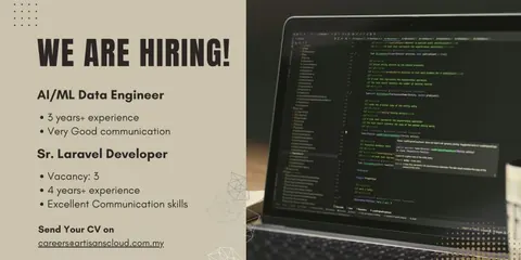 Hiring poster for an AI/ML Data Engineer and three Senior Laravel Developers next to a laptop showing program code.