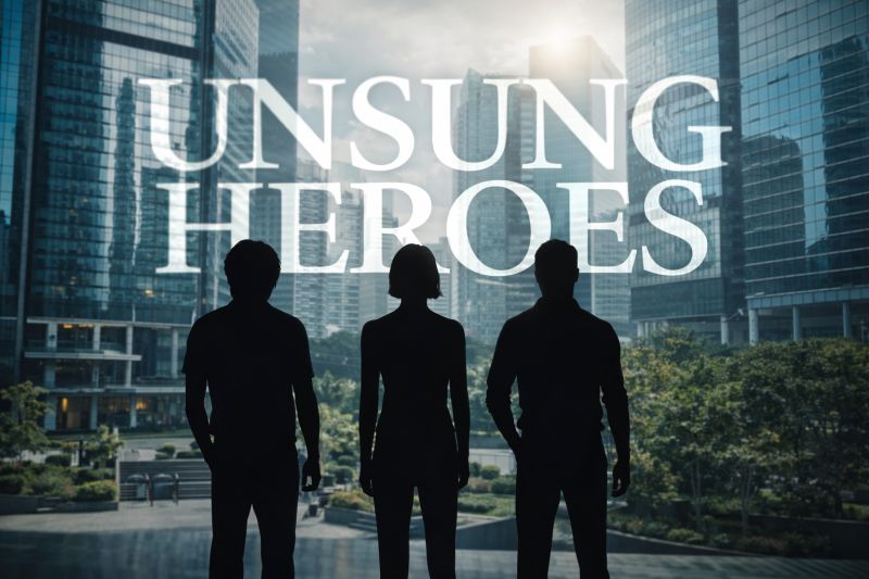 Three silhouetted people stand before glass skyscrapers beneath large white text reading 'Unsung Heroes'.