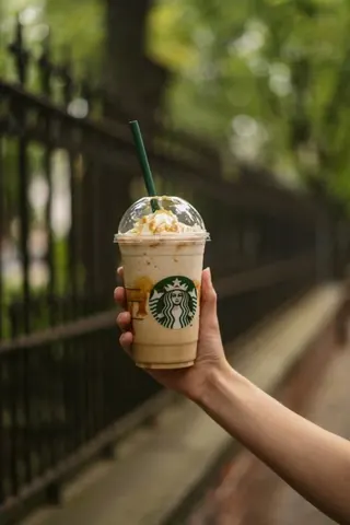 A hand holds a Starbucks iced coffee with whipped cream and a green straw in front of an iron fence.