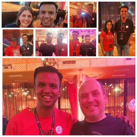 Collage of selfies and photos of a smiling man with friends at a conference, most wearing red event T-shirts.
