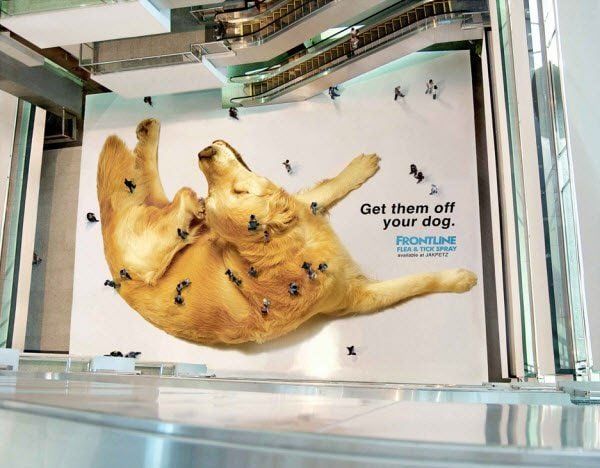 Mall floor advertisement shows a giant dog with tiny shoppers, promoting Frontline flea and tick protection.