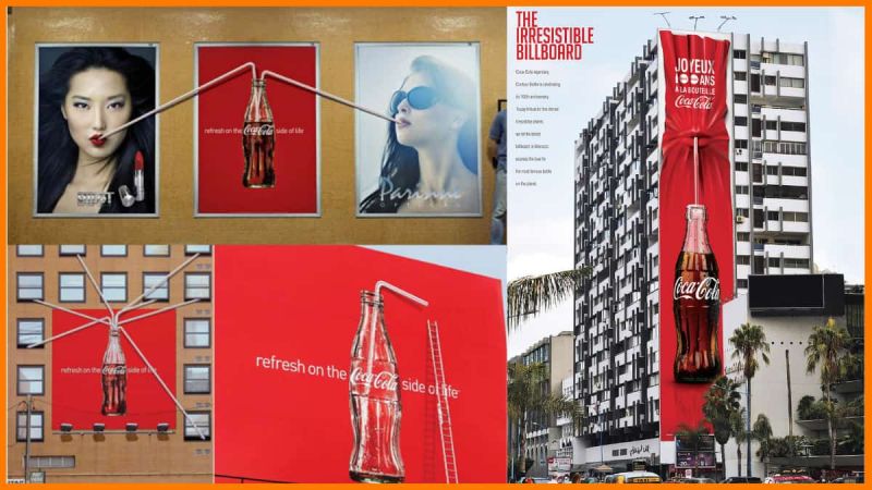 Collage of Coca-Cola billboards with oversized straws, including a giant bottle ad down a building side.