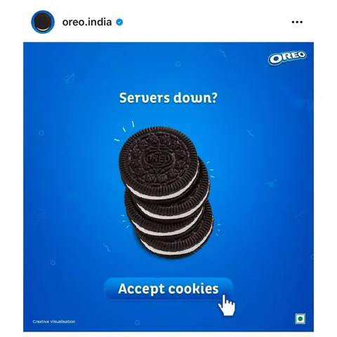 Instagram post by oreo.india with an Oreo ad asking Servers down? above a cookie stack and an Accept cookies button.