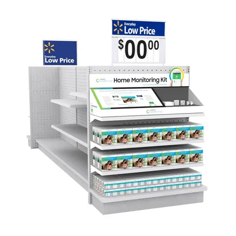 Rendered Walmart endcap display with Everyday Low Price sign and Samsung SmartThings Home Monitoring Kit boxes on shelves.