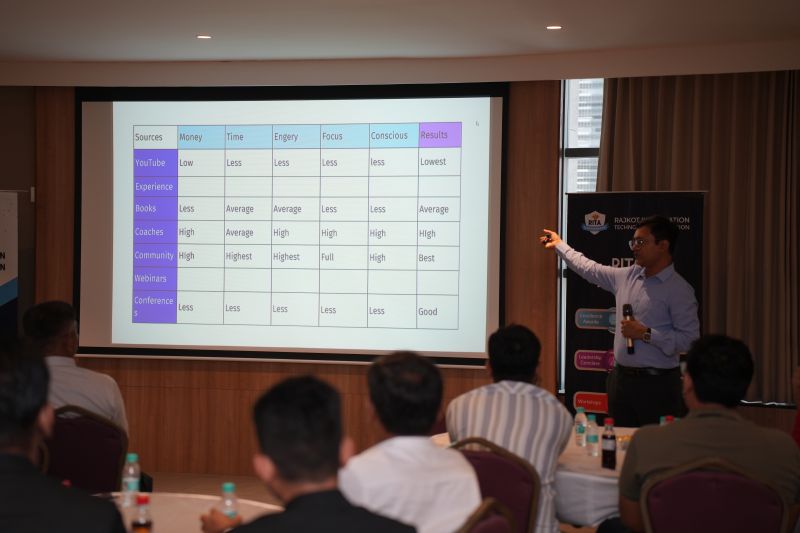 A speaker points to a slide comparing learning sources like YouTube, books, coaches and community by money, time and results.