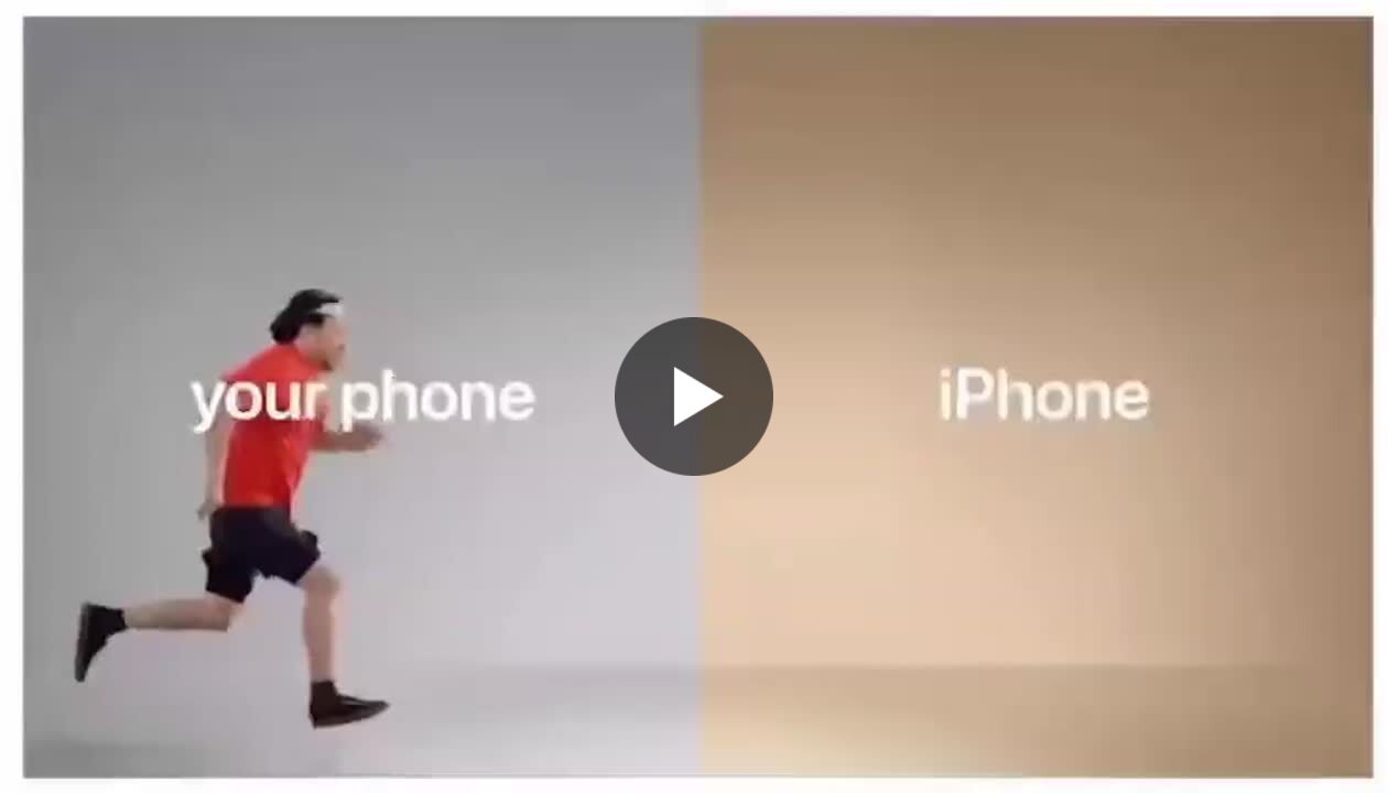 A man in a red shirt runs from a grey area labelled 'your phone' toward a golden area labelled 'iPhone'.