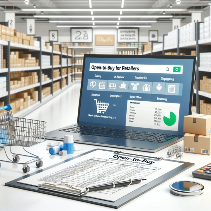 Laptop and clipboard showing open-to-buy retail financial planning screens in a warehouse with boxes and a shopping cart.
