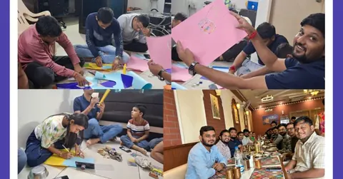 Collage of people making paper crafts, a man holding up a craft, and a group dining together for Janmashtami.
