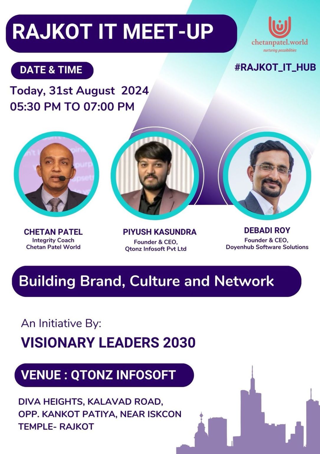 Poster for the Rajkot IT meet-up on 31 August 2024 with speakers Chetan Patel, Piyush Kasundra and Debadi Roy.