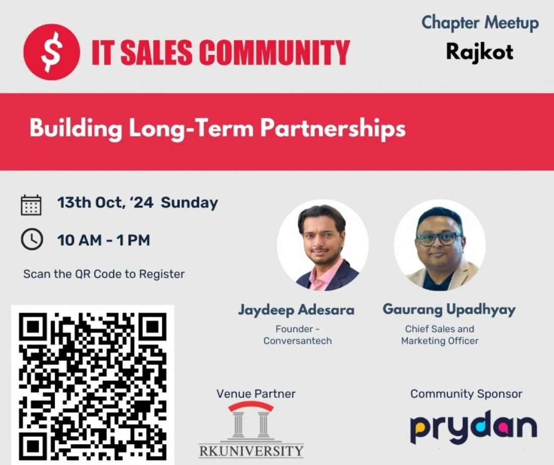 Poster for the IT Sales Community chapter meetup in Rajkot on 13 October with Jaydeep Adesara and Gaurang Upadhyay.