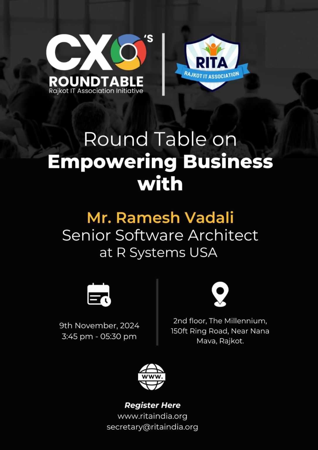 Poster for a CXO Roundtable talk, 'Empowering Business' with Ramesh Vadali, Senior Software Architect at R Systems USA