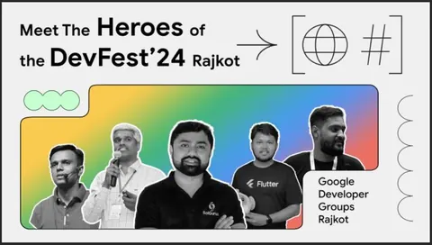 DevFest'24 Rajkot speaker graphic with cutout photos of five men on a rainbow gradient background.