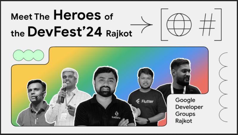 DevFest'24 Rajkot speaker graphic with cutout photos of five men on a rainbow gradient background.