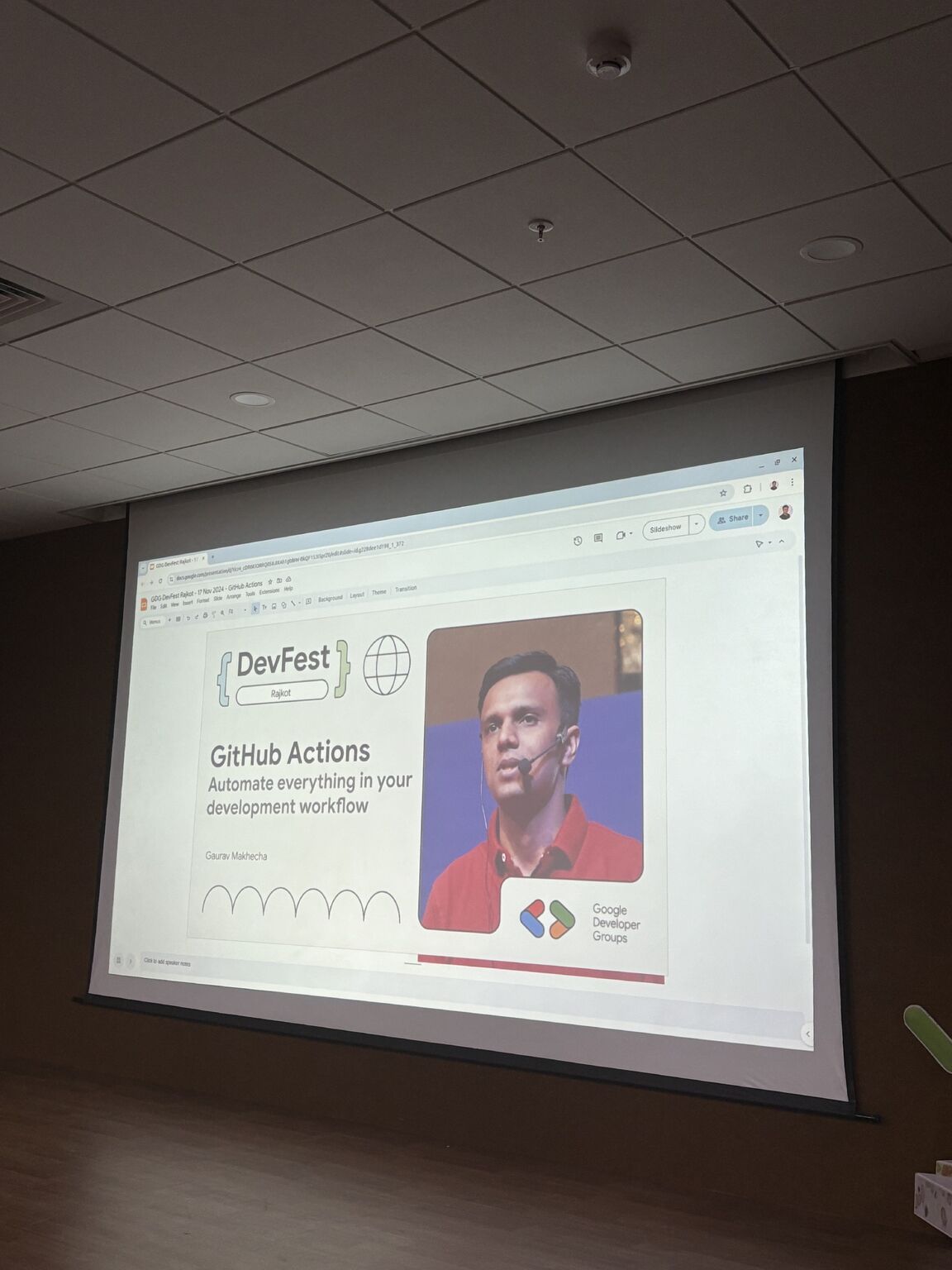 Projected title slide for GitHub Actions - Automate everything in your development workflow by Gaurav Makhecha.