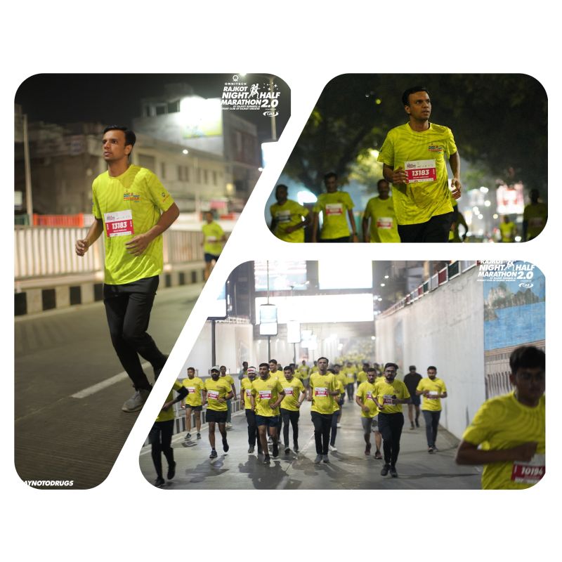 Collage of night marathon photos showing Gaurav in a yellow shirt and bib 13163 running with other participants.