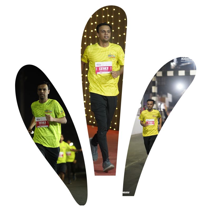 Gaurav in a yellow shirt and bib 13163 running at a night marathon, shown in three shaped crops with lights behind.