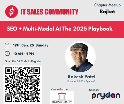 Event poster for IT Sales Community Rajkot meetup on SEO and multi-modal AI featuring speaker Rakesh Patel.