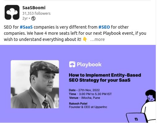 LinkedIn post by SaaSBoomi promoting a Playbook event on entity-based SEO for SaaS with speaker Rakesh Patel.