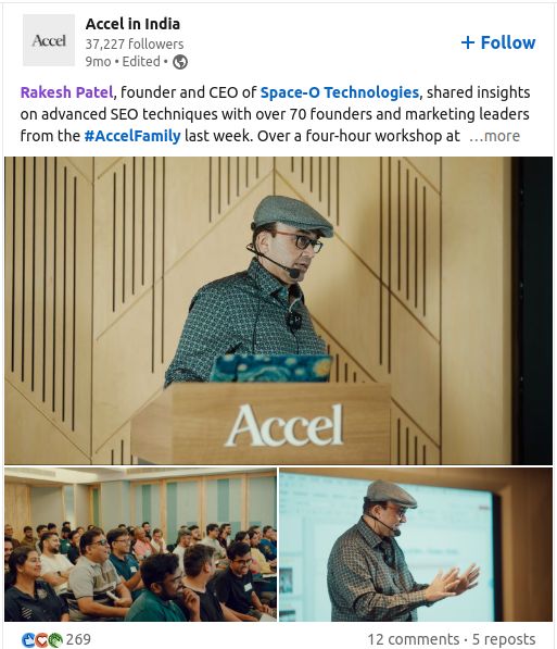 LinkedIn post by Accel in India about Rakesh Patel's advanced SEO workshop, with photos of the speaker and audience.