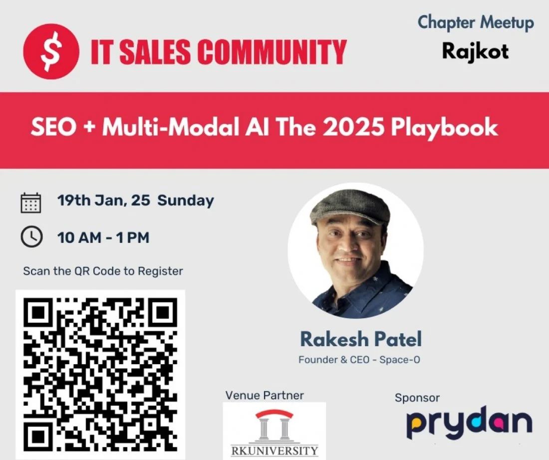 Event poster for IT Sales Community Rajkot chapter meetup on SEO and multi-modal AI by Rakesh Patel.