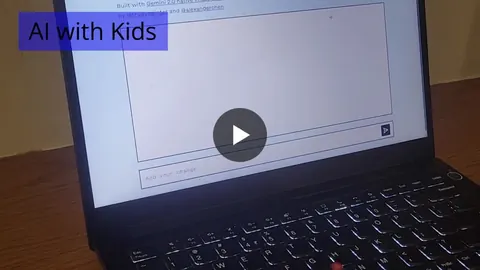 Video frame of a laptop screen showing a Gemini-based AI tool with an 'AI with Kids' overlay.
