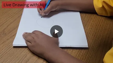 A child's hands sketching a round shape in pencil on paper under a 'Live Drawing with AI' title.