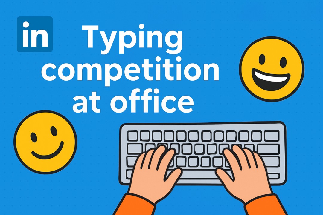 Illustration of hands typing on a keyboard with the words typing competition at office and smiley faces.