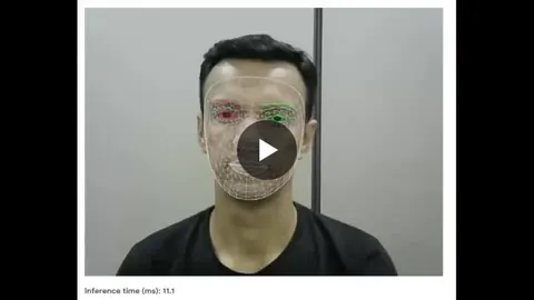 A man's face overlaid with a white tracking mesh and colored eye markers, with an inference time readout below.