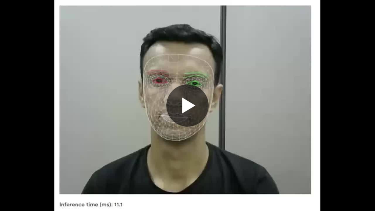 A man's face overlaid with a white tracking mesh and colored eye markers, with an inference time readout below.